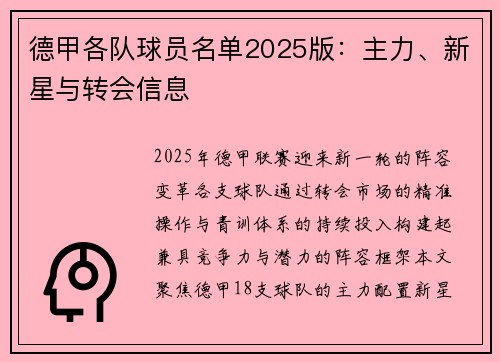 德甲各队球员名单2025版：主力、新星与转会信息