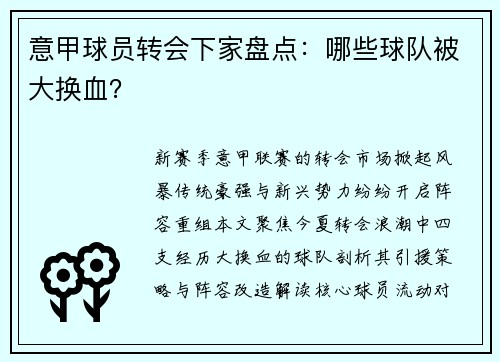 意甲球员转会下家盘点：哪些球队被大换血？