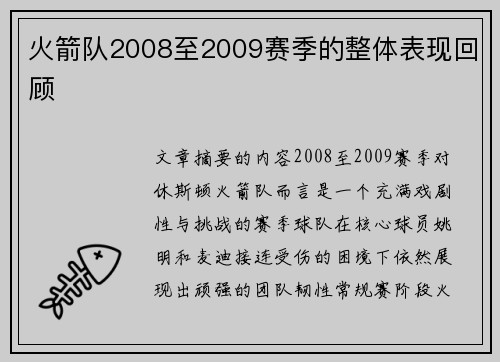 火箭队2008至2009赛季的整体表现回顾